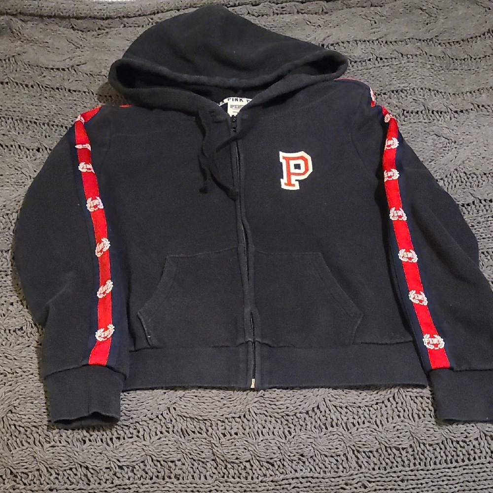 PINK VS Black Hoodie with Red Striped Sleeves